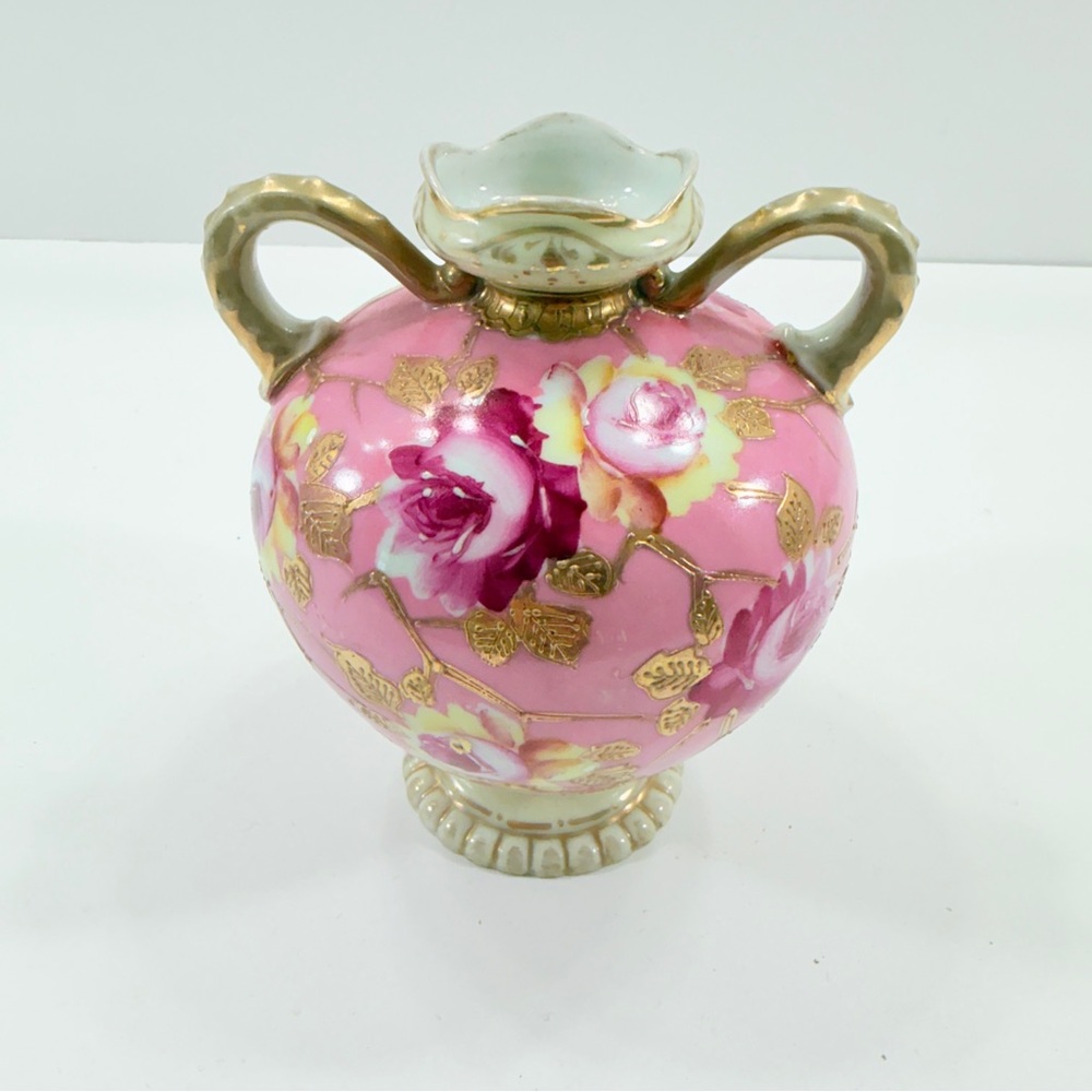 NIPPON Antique Old Mark Moriage Celadon‎ Art Nouveau Vase, Gold Pink Roses 5.75”